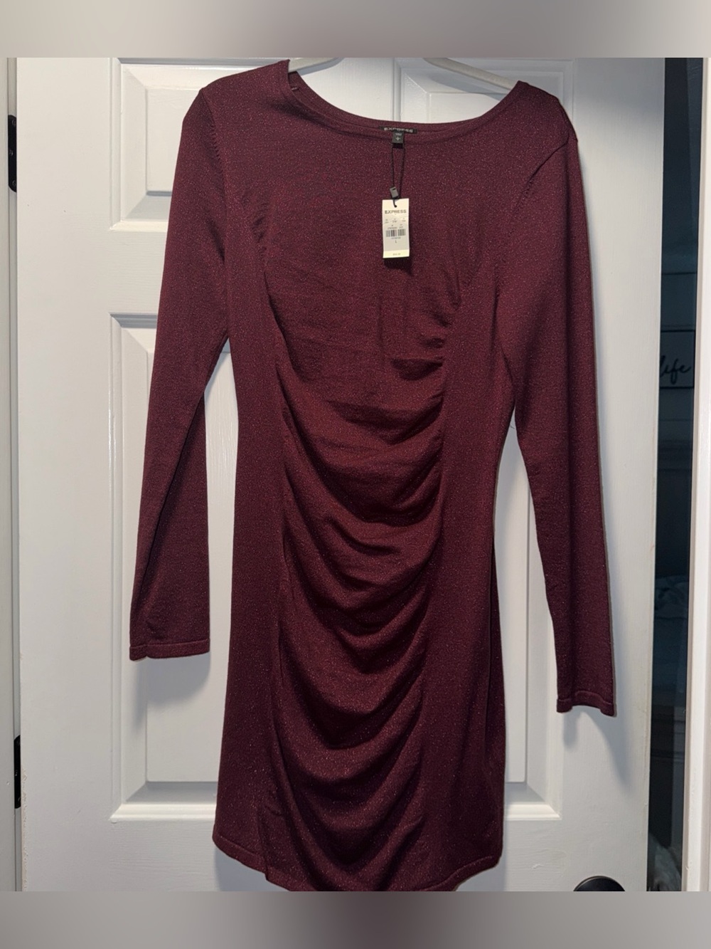 Express | Dresses | Express Womens Maroon Bodycon Sweater Dress Long Sleeve Knit Rutched Detail L